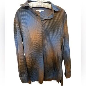 Vintage Perry Ellis Blue Brown Plaid Printed Long Sleeve Button Up Shirt M